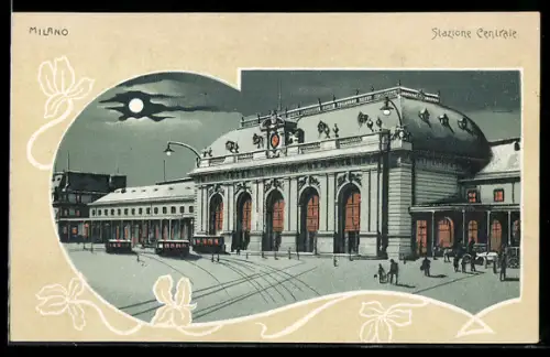 AK Milano, Stazione Centrale illuminata di notte con tram sullo sfondo, Bahnhof