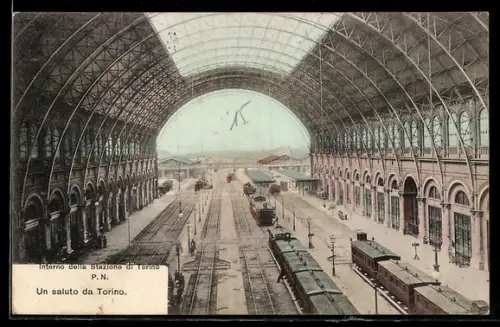 AK Torino, Interno della Stazione di Torino P.N., treni e struttura in ferro e vetro, Bahnhof