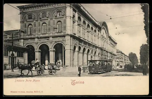 AK Torino, Stazione Porta Nuova con tram e carrozza a cavalli, Bahnhof