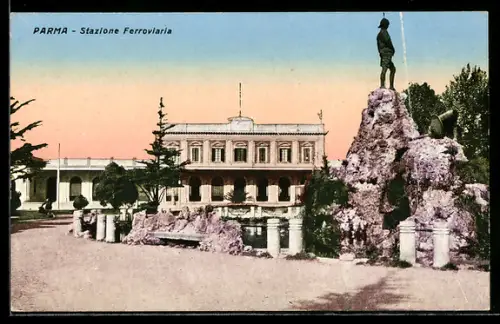 AK Parma, Stazione Ferroviaria e giardino con statua