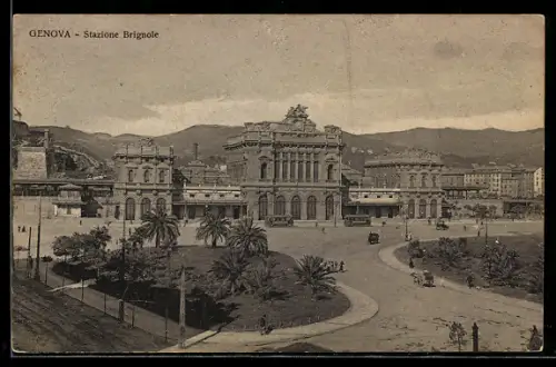 AK Genova, Stazione Brignole con piazza e palme, Strassenbahn