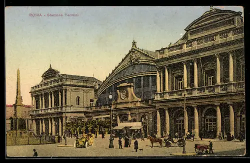 AK Roma, Stazione Termini con carrozze e monumento obelisco