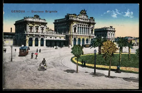 AK Genova, Stazione Brignole con tram e giardino alberato, Strassenbahn