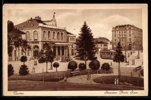 AK Torino, Stazione Porta Susa con tram e giardini