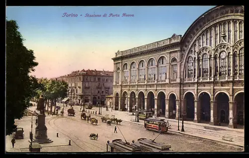 AK Torino, Stazione di Porta Nuova con tram e carrozze, Strassenbahn