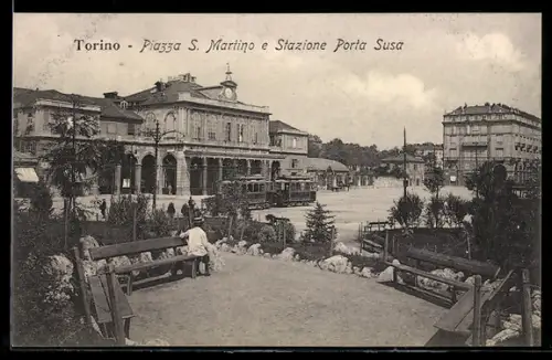 AK Torino, Piazza S. Martino e Stazione Porta Susa con tram, Strassenbahn