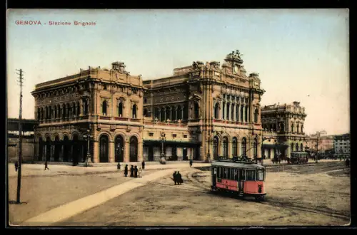 AK Genova, Stazione Brignole con tram in piazza, Strassenbahn