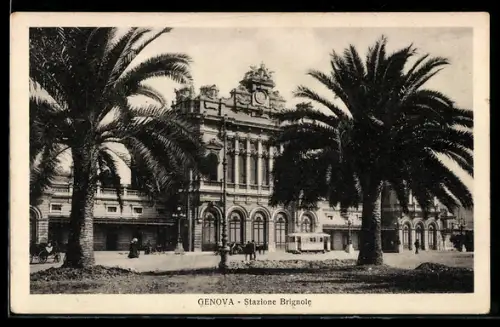 AK Genova, Stazione Brignole con palme e tram, Strassenbahn