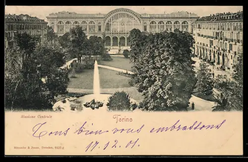 AK Torino, Stazione Centrale con giardino e fontana
