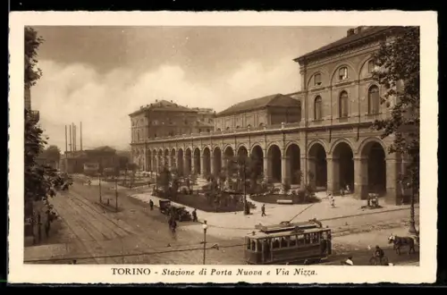 AK Torino, Stazione di Porta Nuova e Via Nizza con tram, Strassenbahn