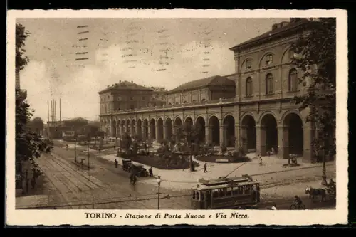 AK Torino, Stazione di Porta Nuova e Via Nizza con tram, Strassenbahn