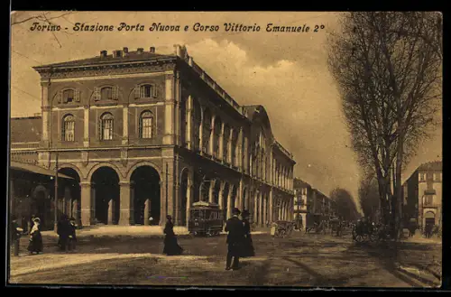AK Torino, Stazione Porta Nuova e Corso Vittorio Emanuele 2º, Strassenbahn