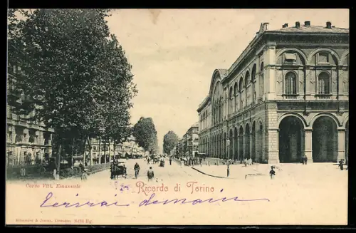 AK Torino, Corso Vittorio Emanuele con edificio storico e passanti, Bahnhof