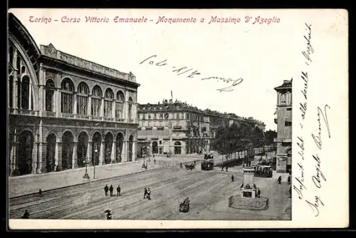 AK Torino, Corso Vittorio Emanuele, Monumento a Massimo D`Azeglio mit Strassenbahn