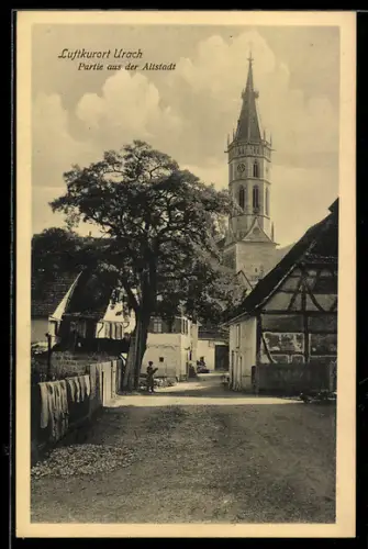 AK Urach, Partie aus der Altstadt mit Kirche