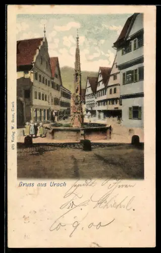 AK Urach, Strassenpartie mit Brunnen