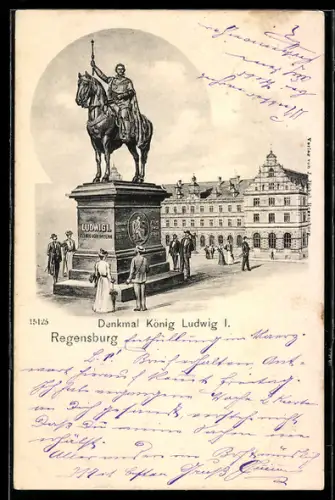 Künstler-AK Regensburg, Denkmal König Ludwig I. mit Passanten