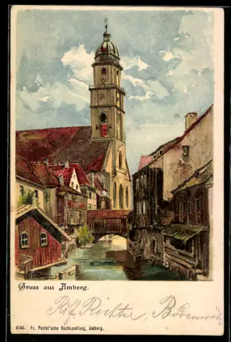 AK Amberg, Ortsansicht mit Kirche und Fluss