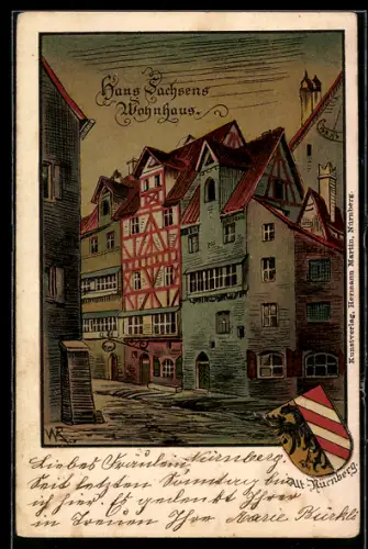 Künstler-AK Alt-Nürnberg, Hans Sachsens Wohnhaus, Wappen