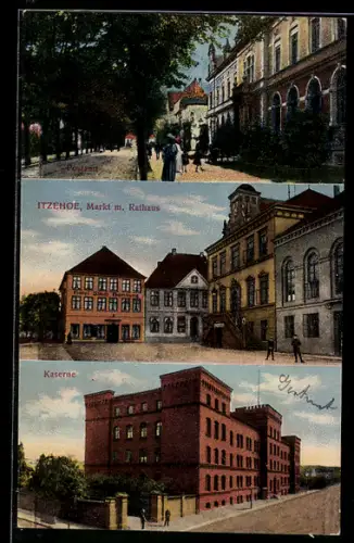 AK Itzehoe, Kaserne, Markt mit Rathaus und Strassenpartie mit Postamt