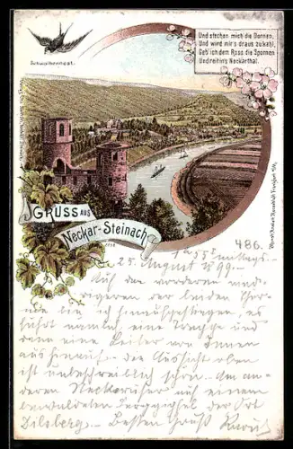 Lithographie Neckarsteinach, Blick über das Neckartal