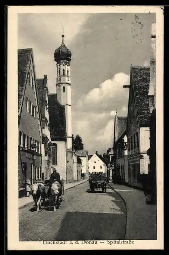 AK Höchstädt a. d. Donau, Partie in der Spitalstrasse mit Kirchturm