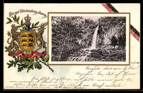 Passepartout-Lithographie Bad Urach, Wasserfall und Württembergisches Wappen