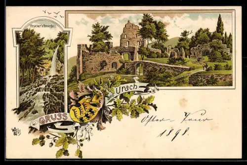 Lithographie Urach, Wasserfall, Burgruine