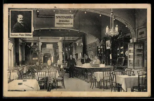 AK Dresden, Restaurant Spatenbräu, Waisenhausstr. 18, Blick in den Gastraum