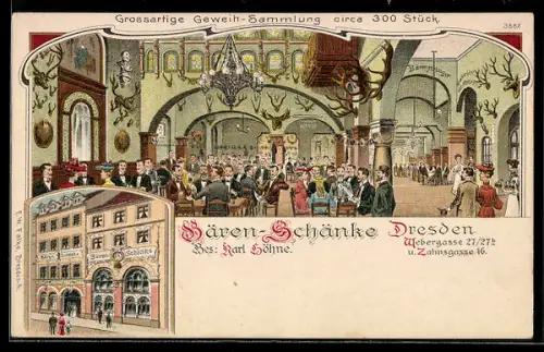 Lithographie Dresden, Bären-Schänke, Innenraum und Aussenansicht, Bes. Karl Höhne, Webergasse 27