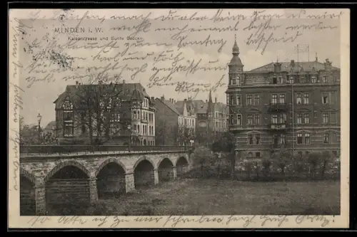 AK Minden i. W., Partie in der Kaiserstrasse mit Bunte Brücke
