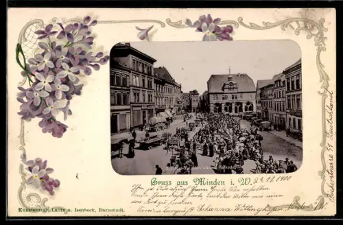 Grusskarten-AK Minden i. W., Partie am Marktplatz mit Rathaus