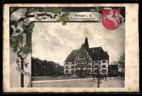 Grusskarten-AK Minden i. W., Regierungsgebäude in der Aussenansicht mit Wappen im Passepartout