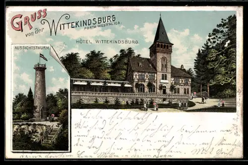 Lithographie Porta Westfalica, Hotel zur Wittekindsburg, Aussichtsturm