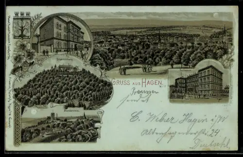 Mondschein-Lithographie Hagen / Westfalen, Amtsgericht, Gymnasium, Hohenlimburg, Blankenstein