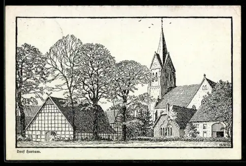 Künstler-AK Hartum, Ortspartie mit Kirche und Scheunen