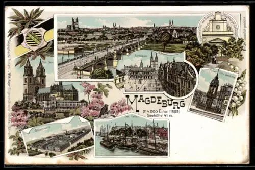 Lithographie Magdeburg, Fabrik-Grusonwerke, Hafen, Kaiser Otto-Denkmal