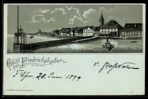 Mondschein-Lithographie Friedrichshafen am Bodensee, Pavillon am Ende der Mole
