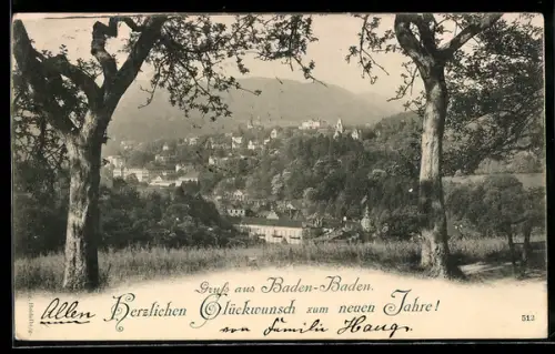 AK Baden-Baden, Teilansicht mit Kirche, Neujahrsgruss