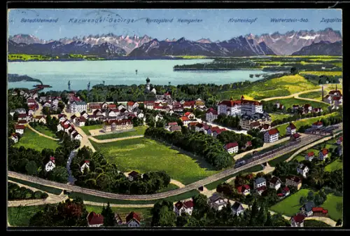 Künstler-AK Tutzing am Starnberger See, Teilansicht mit Bahnhof, Herzogstand, Heimgarten und Zugspitze