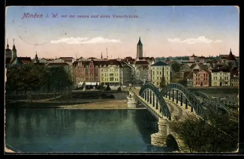 AK Minden, Teilansicht mit der neuen u. alten Weserbrücke
