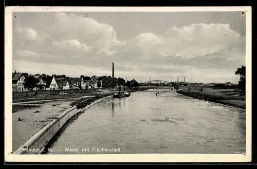 AK Minden i. W., Weser mit Fischerstadt