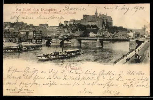 AK Meissen, Schloss mit Brücke und Dampfer