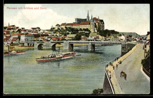 AK Meissen an der Elbe, Raddampfer unter einer Brücke mit Schloss und Dom