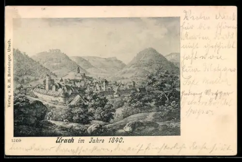 Lithographie Urach, Teilansicht mit Kirche im Jahre 1840