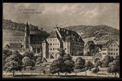 Künstler-AK Alt-Urach, Partie beim Schloss