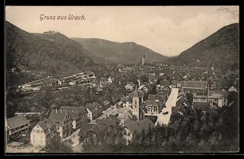 AK Urach, Strassenpartie, Im Hintergrund Kirche