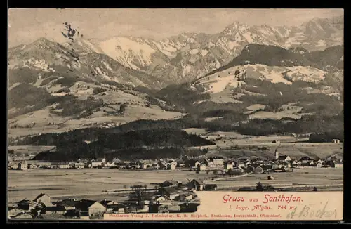 AK Sonthofen, Panoramaansicht mit Alpen im Hintergrund