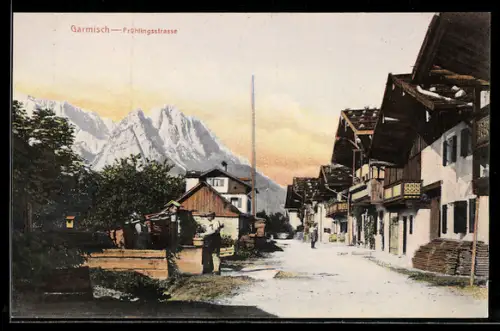AK Garmisch, Frühlingsstrasse, Berge, Häuser