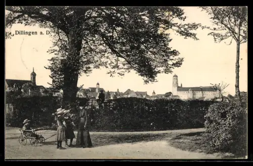 AK Dillingen a. D., Ortspanorama mit Schloss, Kindergruppe